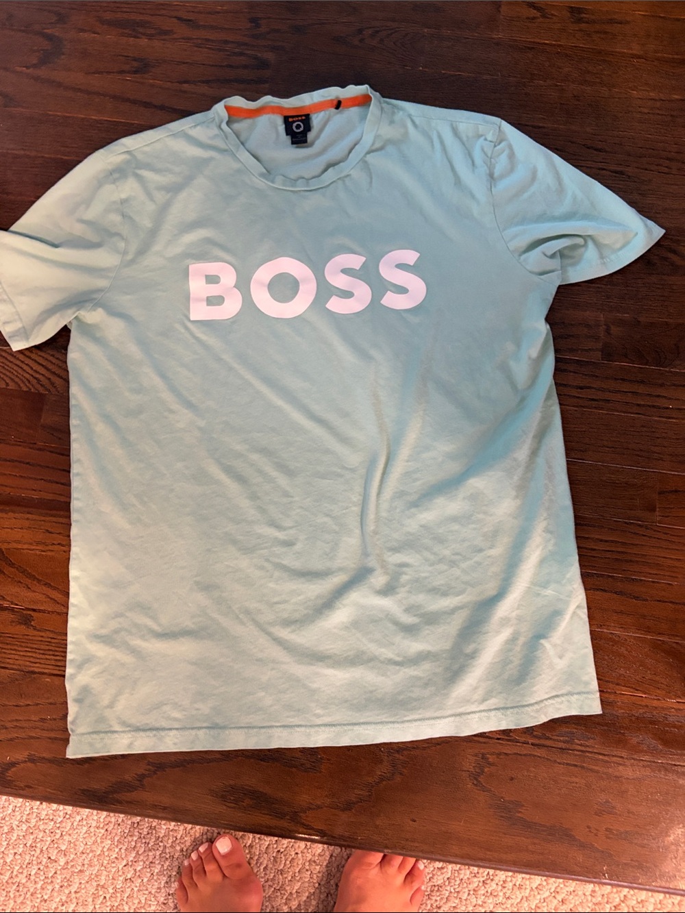 Boss Light Mint Short Sleeve Tee with White Logo and Orange Neck Detail